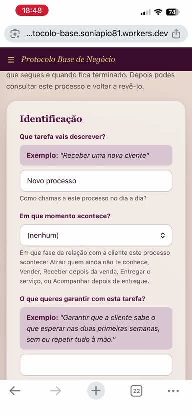 Perguntas do construtor de processos da aplicação atual